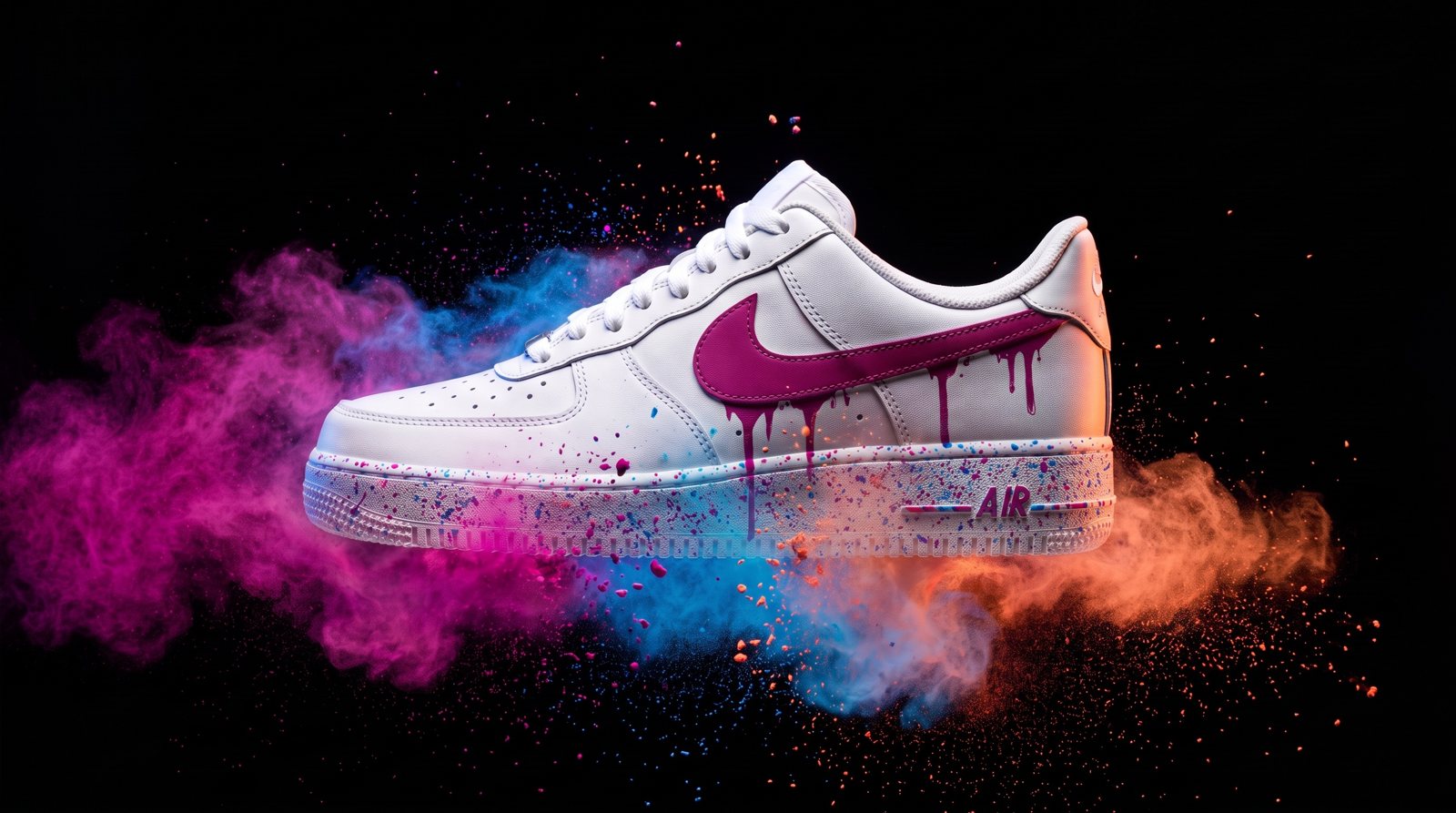 Air Force 1 mit magentafarbenem Swoosh und Farbtropfen