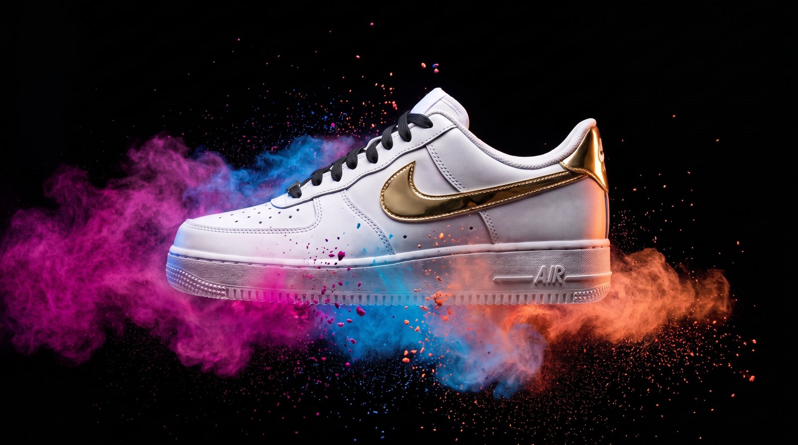 Air Force 1 mit goldenem Swoosh und schwarzen Schnürsenkeln